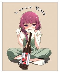 Rule 34 | 1girl, absurdres, alcohol, bare shoulders, barefoot, black nails, blush, bocchi the rock!, border, bottle, bow, braid, braided ponytail, cup, dress, drunk, fang, goumonsha, green dress, hair bow, highres, hiroi kikuri, holding, holding cup, indian style, long hair, looking at viewer, nose blush, open mouth, purple eyes, purple hair, shadow, sitting, sleeveless, sleeveless dress, smile, solo, strap slip, translation request