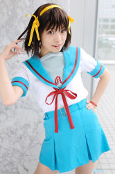 Rule 34 | cosplay, hair ribbon, hairband, photo (medium), ribbon, sailor, school uniform, serafuku, suzumiya haruhi, suzumiya haruhi no yuuutsu, tsukimiya usagi