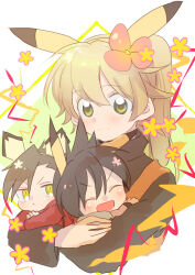 Rule 34 | 1girl, 2boys, ^ ^, animal ears, black hair, black sweater, blonde hair, blush, carrying, carrying person, chibi, closed eyes, closed mouth, commentary, creatures (company), crossed arms, ethan (pokemon), fake animal ears, flower, game freak, hair flower, hair ornament, jacket, long hair, long sleeves, marutoko45, multiple boys, nintendo, open mouth, pikachu ears, pink flower, pokemon, pokemon adventures, animal ears, ponytail, red (pokemon), red jacket, short hair, sweater, symbol-only commentary, upper body, wristband, yellow (pokemon), yellow eyes