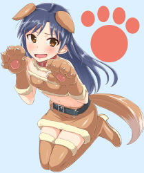 Rule 34 | 1girl, :d, animal ears, animal hands, belt, black hair, blush, brown eyes, brown thighhighs, collar, dan (orange train), dog ears, dog paws, dog tail, gloves, idolmaster, idolmaster (classic), kisaragi chihaya, long hair, looking at viewer, open mouth, paw gloves, simple background, skirt, smile, solo, tail, thighhighs, wolf ears, wolf paws