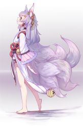 Rule 34 | 10s, 1girl, animal ears, bare legs, barefoot, bell, chain chronicle, facial mark, feet, flower, fox ears, fox tail, from side, gen (bividgen), hair flower, hair ornament, highres, inami (chain chronicle), japanese clothes, jingle bell, kimono, light purple hair, long hair, looking up, multiple tails, obi, original, sash, short kimono, solo, standing, tail, tattoo, walking, wide sleeves, yellow eyes