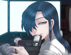 Rule 34 | 1girl, backlighting, blouse, blue hair, floppy disk, from side, hair over one eye, half-closed eye, himoo yuina, indoors, looking at viewer, mouth hold, okai, parted bangs, shirt, solo, tokimeki memorial, tokimeki memorial 1, uneven eyes, white shirt