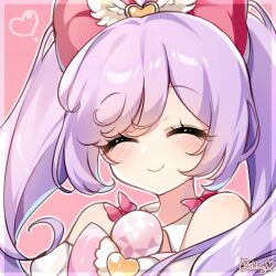 Rule 34 | 1girl, ^ ^, bare shoulders, blush, bow, closed eyes, closed mouth, facing viewer, hair bow, heart, highres, long hair, manaka laala, pink background, pretty series, pripara, pudding (skymint 028), purple hair, red bow, signature, smile, solo, twintails, upper body