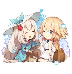 Rule 34 | 2girls, :d, ^ ^, alternate costume, alternate hairstyle, bag, belt, blonde hair, blue dress, blue ribbon, bracelet, braid, chibi, closed eyes, dress, fate/apocrypha, fate/grand order, fate (series), flower, hair down, hair flower, hair ornament, hat, hat ribbon, highres, holding hands, jeanne d&#039;arc (fate), jeanne d&#039;arc (ruler) (fate), jewelry, juliet sleeves, long hair, long sleeves, marie antoinette (fate), multiple girls, no-kan, official alternate costume, one eye closed, open mouth, puffy sleeves, purple eyes, red flower, red rose, ribbon, rose, sandals, silver hair, simple background, sitting, sleeveless, sleeveless dress, smile, striped clothes, striped dress, sun hat, vertical-striped clothes, vertical-striped dress, white background, white dress, white footwear, white headwear, yuri