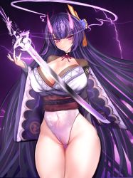 Rule 34 | 1girl, bad id, bad pixiv id, breasts, bridal gauntlets, cleavage, closed mouth, commentary request, covered navel, electricity, energy horns, flower, genshin impact, highres, horns, japanese clothes, kimono, large breasts, leotard, long hair, looking at viewer, mitsudomoe (shape), mole, mole under eye, oni horns, purple eyes, purple flower, purple hair, raiden shogun, ribbon, sash, solo, sword, tomoe (symbol), tr5000, weapon, wide sleeves