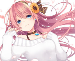Rule 34 | 1girl, ahoge, black choker, blue eyes, blush, breasts, brown hairband, choker, closed mouth, commentary, flower, hair flower, hair ornament, hairband, hands up, kuroi (liar-player), long hair, long sleeves, medium breasts, megurine luka, off-shoulder sweater, off shoulder, orange flower, petals, pink hair, sleeves past wrists, smile, solo, sunflower, sunflower hair ornament, sweater, twitter username, upper body, vocaloid, white background, white sweater