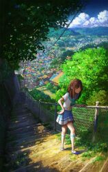 Rule 34 | &gt; &lt;, 1girl, barbed wire, cyclecircle, highres, mountain, nature, original, scenery, school uniform, serafuku, stairs, town, utility pole, walking