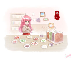 Rule 34 | 1girl, artist request, blush, brown eyes, cat, chinese commentary, commentary request, copyright name, day, drawing (object), head steam, holding, holding spoon, indoors, long hair, looking at animal, momo (miracle nikki), nikki (miracle nikki), official art, open mouth, pink hair, plate, red skirt, shining nikki, skirt, spoon, sweater, table, wall, wardrobe, white cat, yellow cloak
