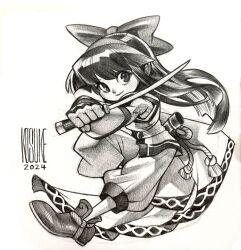 Rule 34 | 1girl, ainu clothes, artist name, black hair, clenched hand, dated, fingerless gloves, gloves, hair ribbon, highres, kosuke miyagi, legs, long hair, looking at viewer, monochrome, nakoruru, pants, ribbon, samurai spirits, sketch, smile, snk, solo, the king of fighters, thighs, traditional media, weapon