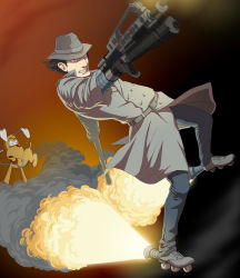 Rule 34 | 1980s (style), 1boy, angry, belt, black hair, brain (inspector gadget), buttons, clenched teeth, coat, cyborg, detective, dic entertainment, dog, dual wielding, dutch angle, epic, fighting stance, fire, gadget, gb (doubleleaf), gradient background, grey eyes, gun, hat, holding, inline skates, inspector gadget, leaning back, male focus, oldschool, pants, red nose, retro artstyle, rifle, roller skates, short hair, skates, smoke, teeth, trench coat, weapon
