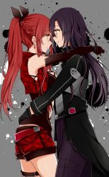 Rule 34 | alternate hair color, aminyao, asuna (sao), belt, black gloves, braid, breasts, character request, closed mouth, couple, earrings, elbow gloves, eye contact, gloves, grey background, highres, hug, jewelry, kirito, kirito (sao-ggo), looking at another, medium breasts, pants, purple pants, red belt, red shorts, shiny skin, short shorts, shorts, sideboob, smile, sword art online, thigh strap, yellow eyes
