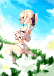 Rule 34 | 1girl, ahoge, artoria pendragon (fate), ass, back, bad id, bad pixiv id, bare shoulders, blonde hair, blurry, bow, capcom, depth of field, fate/stay night, fate/unlimited codes, fate (series), field, flower, flower field, grass, green eyes, highres, kneeling, lily (flower), looking back, no pants, no shoes, onsen nakaya, panties, ponytail, saber (fate), saber lily, sitting, socks, solo, underwear, wariza