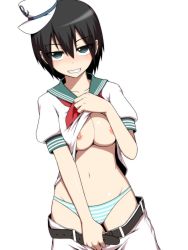 Rule 34 | 1girl, aqua eyes, bad id, bad pixiv id, belt, black hair, breasts, cleavage, clothes lift, clothes pull, collarbone, dress, female focus, grin, hat, highres, inaba rapid, kuroba rapid, looking at viewer, midriff, murasa minamitsu, navel, neckerchief, nipples, no bra, panties, pants, pants pull, puffy sleeves, pulling own clothes, rapid inaba, sailor dress, sailor hat, shirt lift, short hair, short sleeves, shorts, shorts pull, simple background, smile, solo, striped clothes, striped panties, touhou, underwear, white background