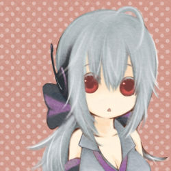 Rule 34 | 1girl, :&lt;, ahoge, bad id, bad pixiv id, bare shoulders, bow, breasts, chestnut mouth, collarbone, detached sleeves, grey shirt, hair between eyes, hair bow, headphones, looking at viewer, open mouth, polka dot, polka dot background, ponytail, red eyes, shirt, silver hair, sleeveless, sleeveless shirt, solo, suzushiro haru, upper body, vocaloid, yowane haku