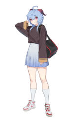 Rule 34 | 1girl, absurdres, ahoge, bag, blue hair, blue skirt, brown shirt, casual, closed mouth, commentary, english commentary, female focus, full body, ganyu (genshin impact), genshin impact, goat horns, hair between eyes, hand on own head, highres, horns, jason kim, kneehighs, long hair, long sleeves, looking at viewer, nike (company), pink eyes, shirt, shirt tucked in, shoulder bag, simple background, skirt, sleeves past wrists, smile, socks, solo, standing, white background, white footwear, white socks