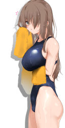 Rule 34 | 1girl, arm under breasts, ass, backless swimsuit, blue eyes, blue one-piece swimsuit, breasts, brown hair, c@rbon, cameltoe, commentary request, competition swimsuit, drying, from side, highleg, highleg swimsuit, highres, large breasts, long hair, looking at viewer, one-piece swimsuit, original, school swimsuit, solo, swimsuit, towel, wet, wet hair