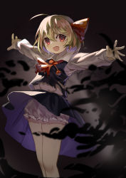 Rule 34 | 1girl, :d, absurdres, ahoge, beads, black skirt, black vest, blonde hair, bloomers, blurry, darkness, depth of field, fang, hair ribbon, highres, hxj (2324184595), long sleeves, open mouth, outstretched arms, puffy sleeves, red eyes, red ribbon, ribbon, rumia, short hair, skirt, smile, solo, torn clothes, touhou, underwear, upskirt, vest