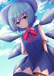 Rule 34 | 1girl, blue bow, blue dress, blue eyes, blue hair, blue sky, bow, breasts, cirno, cloud, cloudy sky, collar, darumoon, dress, hair between eyes, highres, holding, ice, ice wings, light, looking at viewer, medium breasts, open mouth, red bow, red neckwear, shadow, shirt, short hair, short sleeves, sky, solo, standing, touhou, white shirt, white sleeves, wings