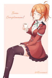 Rule 34 | 1girl, aquila (kancolle), aticsanir, black thighhighs, border, coffee, collared shirt, cup, closed eyes, feet out of frame, grin, hair ornament, hairclip, high ponytail, highres, holding, holding cup, jacket, kantai collection, long sleeves, orange eyes, red jacket, shirt, short hair, smile, solo, thighhighs, twitter username, white border, white shirt, wing collar