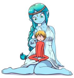 Rule 34 | 1boy, 1girl, :&gt;, :&lt;, adventure time, barefoot, blonde hair, blue hair, blue skin, blush, braid, braided ponytail, breasts, canyon (adventure time), cartoon network, circlet, cleavage, collarbone, colored skin, facial mark, feet, finn the human, forehead mark, giant, giantess, green eyes, nightgown, nollety, pajamas, pointy ears, poking, simple background, sitting, sitting on lap, sitting on person, size difference, smile, toes