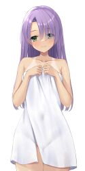 Rule 34 | 1girl, absurdres, bare arms, bare shoulders, cafe stella to shinigami no chou, collarbone, covering privates, covering breasts, embarrassed, eyelashes, green eyes, groin, hair down, hair over one eye, hands on own breasts, highres, hiuchidani mei, holding, holding towel, long hair, looking at viewer, naked towel, ncontrail (mgax7527), parted bangs, purple hair, sidelocks, simple background, solo, standing, straight hair, tan, tanline, thighs, towel, white background, white towel, yuzu-soft