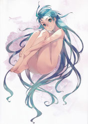 Rule 34 | 1girl, absurdres, ahoge, bare legs, barefoot, blue eyes, blue hair, blush, branch (blackrabbits), breasts, completely nude, convenient censoring, gradient hair, highres, hugging own legs, kantai collection, knees to chest, knees up, long hair, looking at viewer, multicolored hair, nude, open mouth, samidare (kancolle), scan, small breasts, smile, solo, swept bangs, very long hair