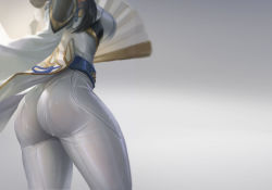Rule 34 | 1girl, absurdres, armor, ass, ass focus, black hair, blue ribbon, blurry, breasts, depth of field, folding fan, grey background, hand fan, highres, jacket, jiam009, large breasts, long hair, original, out of frame, pants, pantylines, ribbon, shoulder armor, skin tight, solo, sweat, thighs, tight clothes, tight pants, wet, wet clothes, white jacket, white pants