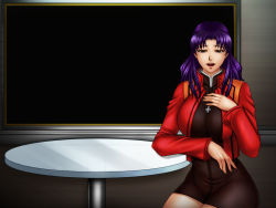 Rule 34 | 1girl, black dress, breasts, brown eyes, cross, cross necklace, dress, half-closed eyes, indoors, jacket, jewelry, katsuragi misato, large breasts, legs, long hair, long sleeves, looking at viewer, neck, necklace, neon genesis evangelion, nightmare express, open mouth, parted bangs, purple hair, red jacket, short dress, sitting, smile, solo, straight hair, table, thighs