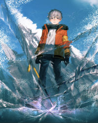 Rule 34 | 1boy, black gloves, black pants, black scarf, blue eyes, blue footwear, blue sky, blush, boots, commentary, crack, day, english commentary, from below, full body, fur-trimmed jacket, fur trim, gloves, grey hair, highres, ice, ice pick, ishida (segu ishida), jacket, looking at viewer, male focus, orange jacket, original, outdoors, pants, parted lips, scarf, short hair, sky, solo, sweater, white sweater, winter clothes