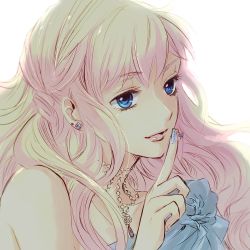 Rule 34 | 1girl, blue eyes, earrings, emi (penguin908), female focus, finger to mouth, jewelry, lips, long hair, macross, macross frontier, nail polish, necklace, pink hair, sheryl nome, simple background, solo, white background
