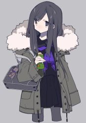 Rule 34 | 1girl, bag, bag charm, black eyes, black hair, black sailor collar, black serafuku, black shirt, black skirt, blue neckerchief, charm (object), closed mouth, coat, commentary request, cowboy shot, cropped legs, eyes visible through hair, food, fur trim, grey pantyhose, highres, holding, holding food, looking to the side, mochizuki kei, neckerchief, open clothes, open coat, original, pantyhose, pleated skirt, sailor collar, school uniform, serafuku, shirt, shoulder bag, skirt, solo, standing, swept bangs