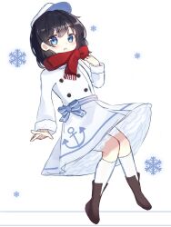 Rule 34 | 1girl, adapted costume, anchor print, anchor symbol, black hair, blue eyes, buttons, coat, double-breasted, highres, murasa minamitsu, red scarf, scarf, short hair, sketch, snowflakes, solo, touhou, white background, white coat, white headwear, yakubyougami (user hdjz8322)