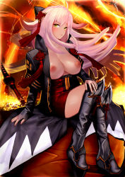 Rule 34 | 1girl, absurdres, ahoge, arm guards, aruuin, black bow, black coat, boots, bow, breasts, coat, commentary request, dark-skinned female, dark skin, fate/grand order, fate (series), fiery background, fire, hair between eyes, hair bow, hair ornament, highres, katana, large breasts, crossed legs, long hair, looking at viewer, nipples, okita souji, okita souji (fate), okita souji (koha-ace), okita souji alter (fate), open mouth, parted lips, sketch, solo, sword, tan, tassel, thigh boots, thighhighs, very long hair, weapon, yellow eyes