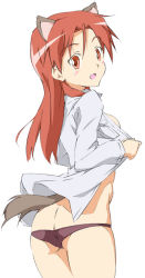 Rule 34 | 1girl, animal ears, ass, blush, breasts, butt crack, dress shirt, from behind, kadokawa shoten, long hair, long sleeves, looking back, lowleg, lowleg panties, minna-dietlinde wilcke, open mouth, orange eyes, panties, purple panties, red hair, shirt, sideboob, simple background, smile, solo, strike witches, tail, umanosuke, underwear, white background, wolf ears, wolf tail, world witches series