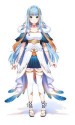 Rule 34 | 1girl, bird girl, blue capelet, blue eyes, blue footwear, blue hair, blue nails, blue skirt, bracelet, breasts, capelet, character name, dress, feather hair ornament, feathers, fish, from side, fuyumi toba, hair intakes, hair ornament, hairclip, highres, indie virtual youtuber, jewelry, large breasts, long hair, multicolored hair, multicolored nails, nail polish, orange hair, orange nails, sandals, satchely, shadow, skirt, smile, standing, streaked hair, thighhighs, virtual youtuber, white background, white dress, white thighhighs