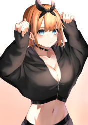 Rule 34 | 1girl, absurdres, black bow, black cardigan, black hairband, blue eyes, blunt bangs, blush, bow, bow hairband, breasts, brown hair, cardigan, cleavage, collarbone, cropped sweater, go-toubun no hanayome, gradient background, hair between eyes, hair bow, hairband, highres, jun (30409972), large breasts, long sleeves, midriff, nakano yotsuba, navel, no bra, pink background, short hair, sleeves past wrists, solo, stomach, upper body