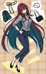 Rule 34 | 1girl, aono shimo, bad id, bad twitter id, baseball cap, bespectacled, bracelet, breasts, capri pants, casual, cleavage, denim, fate/grand order, fate (series), full body, glasses, hands in pockets, hat, high heels, highres, jewelry, light smile, long hair, long sleeves, looking at viewer, pants, plaid, plaid background, plaid shirt, purple hair, red eyes, red hair, scarf, scathach (fate), scathach (fate), shirt, solo, unmoving pattern, very long hair, vest