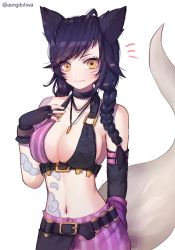 Rule 34 | 1girl, ^^^, ahri (league of legends), animal ears, arm warmers, asymmetrical gloves, bad id, bad pixiv id, bare shoulders, belt, belt buckle, belt pouch, bikini, bikini top only, black gloves, black hair, blue eyes, braid, breasts, buckle, bullet, choker, cleavage, closed mouth, cosplay, eyebrows, facial mark, fang, fang out, fingerless gloves, fox ears, fox tail, gloves, hair over shoulder, hair tie, halterneck, hanato (seonoaiko), jewelry, jinx (league of legends), jinx (league of legends) (cosplay), large breasts, league of legends, looking at viewer, midriff, navel, pendant, pouch, shade, solo, stomach, striped, swimsuit, tail, twin braids, twintails, twitter username, uneven gloves, upper body, vertical stripes, whisker markings, yellow eyes