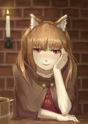 Rule 34 | &gt;:d, 1girl, :d, absurdres, animal ears, blush, brown hair, candle, cloak, cup, fangs, fingernails, head rest, highres, holo, long fingernails, long hair, mug, open mouth, pouch, red eyes, smile, solo, spice and wolf, v-shaped eyebrows, wolf ears, youzi (small shabao)