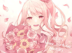 Rule 34 | 1other, akiyama mizuki, blush, bouquet, dated, flower, happy birthday, hinata mizuiro, holding, holding bouquet, long hair, looking at viewer, open mouth, petals, pink eyes, pink hair, project sekai, side ponytail, smile, solo, tearing up, upper body
