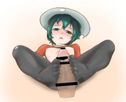 Rule 34 | 1girl, artist request, black pantyhose, blush, breasts, censored, clothes lift, collarbone, feet, footjob, footjob with legwear, green eyes, green hair, hat, kaban (kemono friends), kemono friends, nipples, no shoes, open mouth, pantyhose, shirt, shirt lift, simple background, small breasts, spread legs, toes, transparent