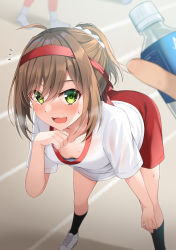 Rule 34 | 1girl, 2others, :d, ahoge, bent over, black legwear, blurry, blurry background, blush, bottle, breasts, brown hair, collarbone, commentary request, depth of field, downblouse, fang, green eyes, gym shirt, gym shorts, gym uniform, hair between eyes, hair intakes, hair ornament, hair scrunchie, haru (kuzuyu), headband, highres, holding, holding bottle, komori kuzuyu, leaning forward, looking at viewer, multiple others, nose blush, open mouth, original, ponytail, red headband, red shorts, scrunchie, shirt, shoes, short shorts, short sleeves, shorts, sidelocks, small breasts, smile, socks, solo focus, standing, sweat, water bottle, white footwear, white scrunchie, white shirt