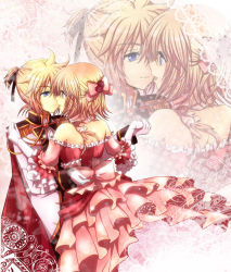 Rule 34 | 1boy, 1girl, bare shoulders, blonde hair, blue eyes, brother and sister, dancing, dress, eye contact, flower, formal, frills, gloves, hair ornament, hair ribbon, holding hands, hand on shoulder, hetero, imminent kiss, incest, kagamine len, kagamine rin, looking at another, ponytail, ribbon, short hair, siblings, skirt, smile, suit, twins, vocaloid, zashiki usagi, zoom layer