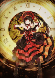 Rule 34 | 1girl, acedia chow, bare shoulders, black hair, boots, breasts, cleavage, clock, clock eyes, date a live, detached sleeves, dress, gears, gothic lolita, hairband, hands on own hips, heterochromia, highres, lolita fashion, lolita hairband, long hair, looking at viewer, medium breasts, raizen high school uniform, red eyes, ribbon, roman numeral, school uniform, smile, solo, symbol-shaped pupils, tokisaki kurumi, twintails, uneven twintails, variant set, yellow eyes