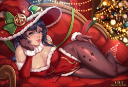 Rule 34 | 1girl, aqua eyes, black hair, breasts, christmas, cleavage, couch, covered erect nipples, detached sleeves, exlic, feet out of frame, fur-trimmed leotard, fur collar, fur trim, genshin impact, gloves, hat, indoors, large breasts, leotard, lips, long hair, lying, mona (genshin impact), on side, pantyhose, patreon username, pillow, red hat, red leotard, santa leotard, smile, solo, window, witch hat