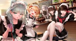 Rule 34 | 5girls, absurdres, alternate costume, animal ears, apron, arknights, bear ears, bear girl, black hair, blonde hair, brown hair, cafe, cake, chalkboard, chocolate cake, english text, food, gummy (arknights), highres, holding, holding tray, ink., istina (arknights), leto (arknights), maid, maid apron, maid headdress, monocle, multiple girls, one eye closed, plate, rosa (arknights), thighhighs, tray, white hair, zima (arknights)