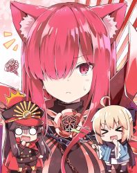 Rule 34 | &gt; &lt;, 3girls, :&lt;, ^^^, ahoge, animal ear fluff, animal ears, black hair, black legwear, blonde hair, blush stickers, cape, cat ears, cat teaser, chibi, commentary request, crest, family crest, fate/grand order, fate (series), hair over one eye, haori, hat, japanese clothes, kemonomimi mode, koha-ace, long hair, mini person, minigirl, multiple girls, o o, oda nobunaga (fate), oda nobunaga (koha-ace), oda nobunaga (maou avenger) (fate), okita souji (fate), okita souji (koha-ace), peaked cap, plant, red eyes, red hair, rioshi, scarf, shaded face, squiggle, v-shaped eyebrows, very long hair
