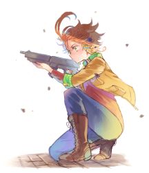 Rule 34 | 1girl, ahoge, aiming, boots, brown footwear, brown jacket, closed mouth, collar, commentary, denim, emma (yakusoku no neverland), from side, full body, gun, hair between eyes, hair ornament, holding, holding gun, holding weapon, jacket, jeans, leather, leather boots, long sleeves, looking away, mato80190776, neck tattoo, number tattoo, on one knee, orange hair, pants, shirt, shoelaces, short hair, simple background, sitting, solo, symbol-only commentary, tattoo, trigger discipline, weapon, white background, x hair ornament, yakusoku no neverland