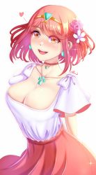 Rule 34 | 1girl, anisdrawn, bob cut, breasts, cleavage, dress, earrings, highres, jewelry, large breasts, looking at viewer, open mouth, pyra (xenoblade), red dress, red hair, shirt, smile, solo, white shirt, xenoblade chronicles (series), xenoblade chronicles 2