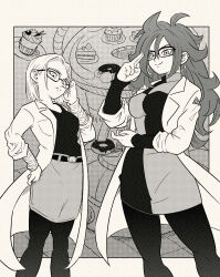 Rule 34 | 2girls, absurdres, adjusting eyewear, android 18, android 21, bespectacled, cake, commentary, cupcake, doughnut, dragon ball, dragon ball fighterz, dress, ear piercing, earrings, food, frown, glasses, greyscale, hand on own hip, highres, hoop earrings, jewelry, lab coat, medium skirt, monochrome, multiple girls, pants, pants under skirt, piercing, pink mousse, short dress, skirt, smile